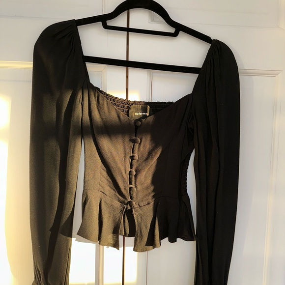 Reformation Black Buttoned Long Sleeve Peplum Blouse - Picture 3 of 12